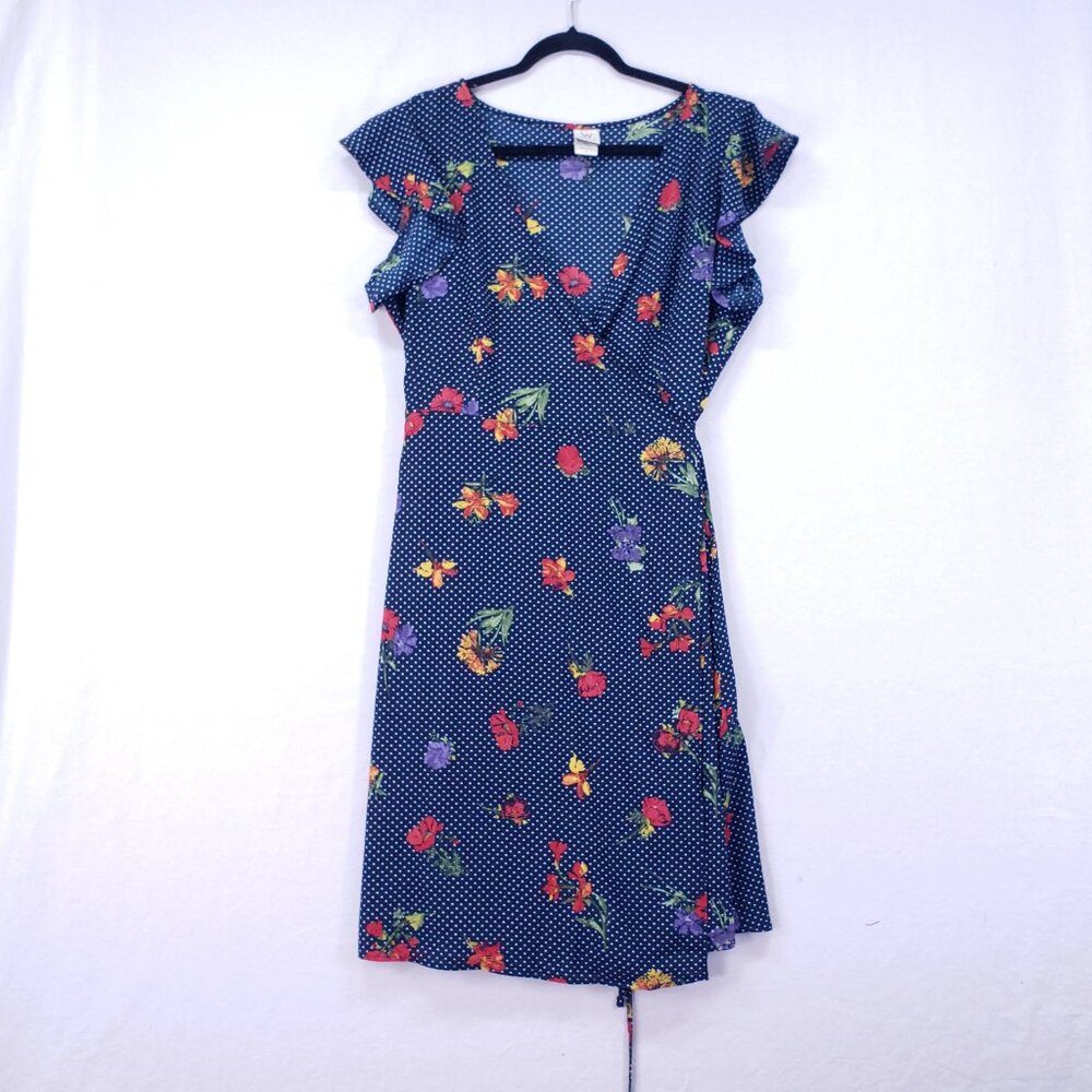 Wrapper Navy Blue Mini Stars Colorful Floral Lightweight Wrap Mid Dress Size L